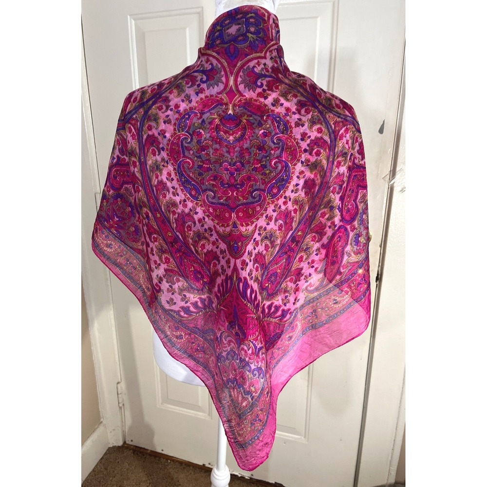 100% Pure Silk Scarf Women OS Pink Paisley Bohemian Lightweight Square Wrap